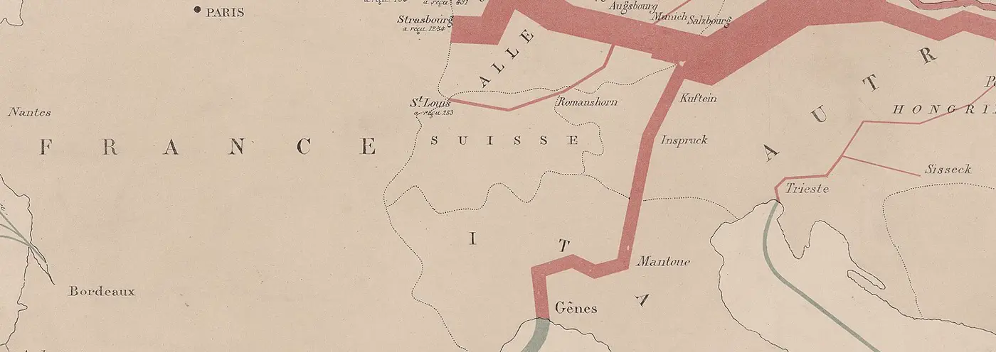 Detail of an 1868 flow map: a red band of grain shipments bends south through Switzerland toward Genoa.