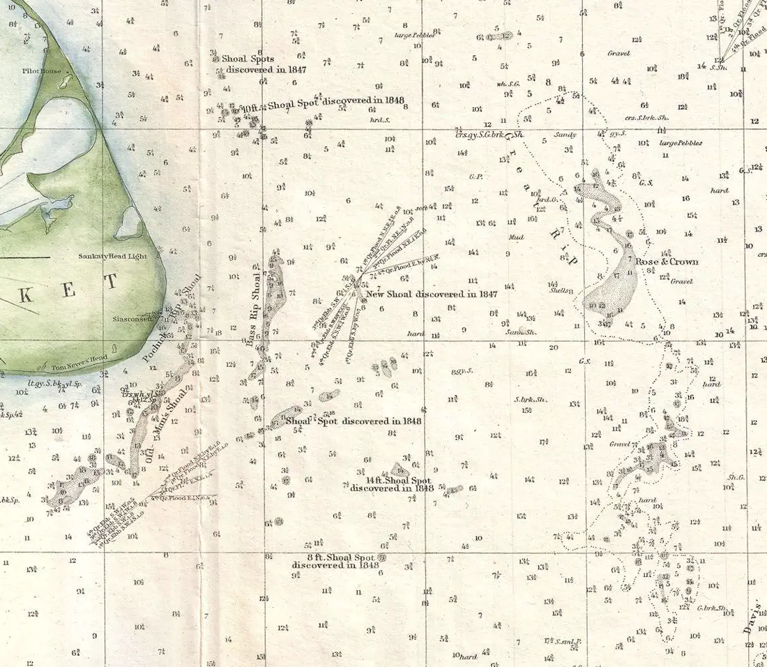 Detail of an 1854 nautical chart: hundreds of depth soundings and newly discovered shoals off Nantucket.
