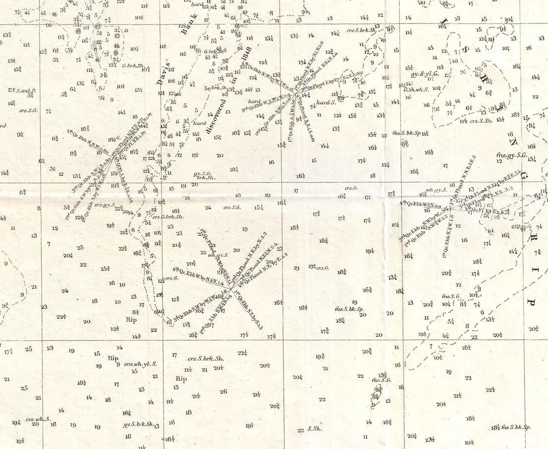 Detail of an 1854 nautical chart: a grid of depth soundings with shoals radiating across open water.