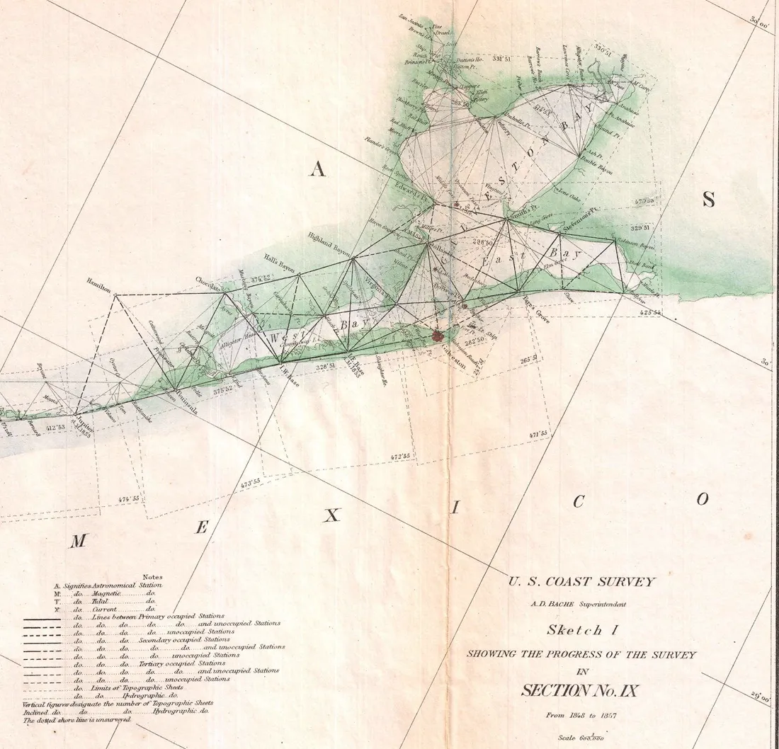 Detail of an 1857 survey sketch of Galveston Bay: a chain of triangles joins survey stations, and the key distinguishes solid lines between occupied stations from dashed lines to unoccupied ones.