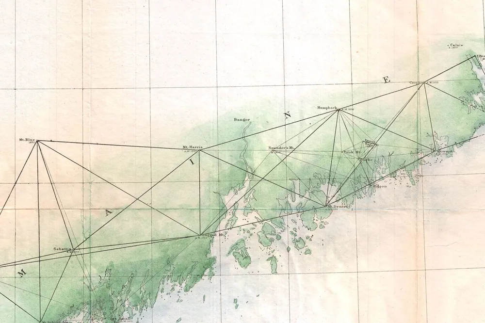 Detail of an 1864 primary triangulation chart of the Maine coast: long sight lines join stations from Mount Blue to Mount Desert, extending the survey eastward along the shore.