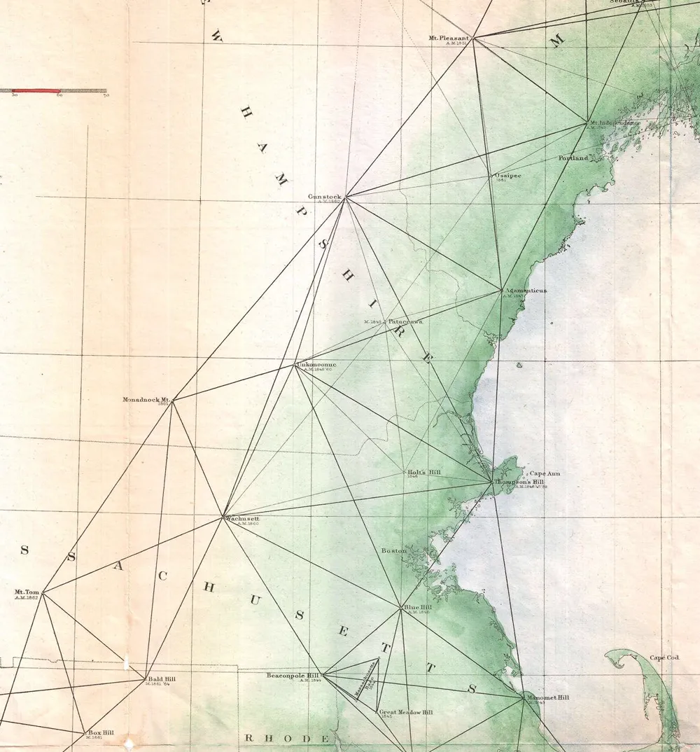 Detail of an 1864 primary triangulation chart of New England: long straight sight lines join hilltop stations such as Wachusett, Monadnock and Blue Hill across Massachusetts and New Hampshire.